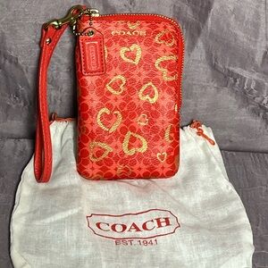 Coach Red and Gold Heart Pattern Wristlet w/ Dust Bag